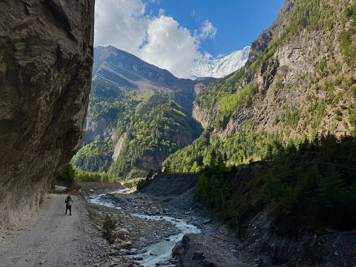 Trekker walking beneath an overhanging cliff beside a river, with forested slopes and a snowy mountain ahead