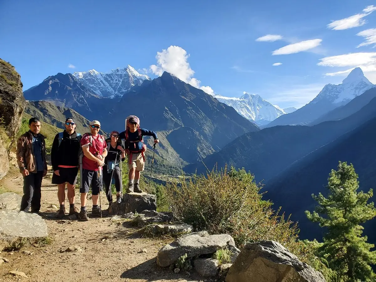 Trekkers on an acclimatization hike above Namche Bazaar