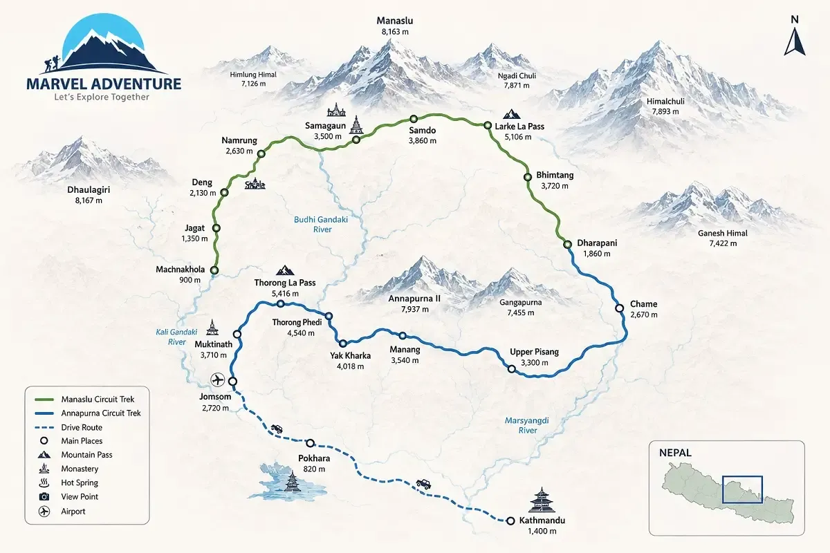 manaslu and annapurna circuit trek map
